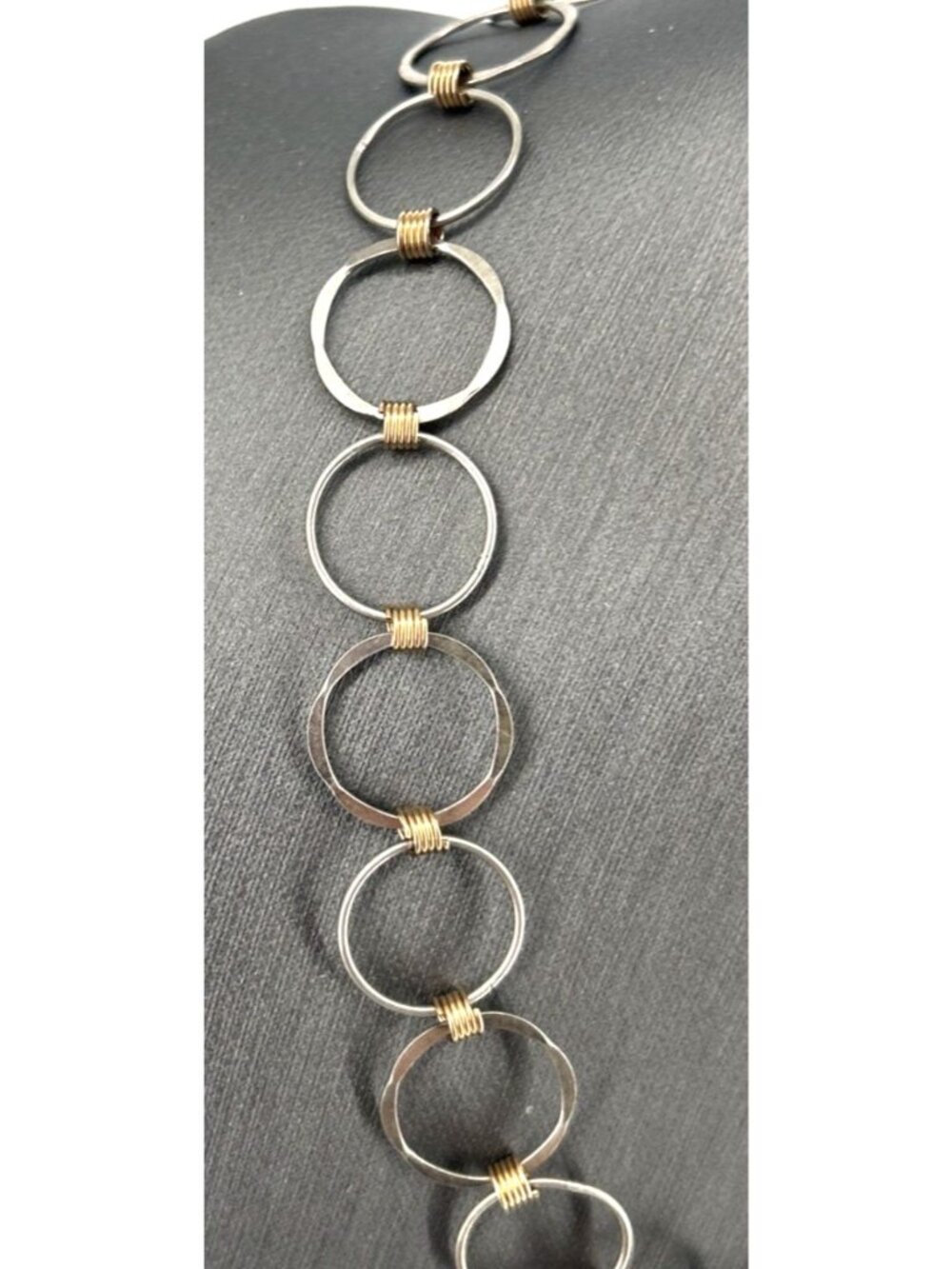 Sterling Silver 925 Gold Coil Hammered Circle Link Necklace 16" Vintage 15 Grams - Picture 4 of 7